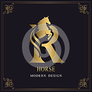 Capital Letter R with a Horse. Royal Logo. King Stallion in Jump. Racehorse Head Profile. Gold Monogram on Black Background with