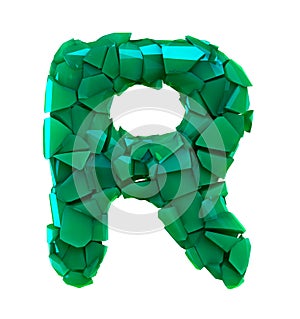 Capital letter R made of broken plastic green color isolated on white background