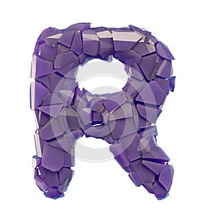 Capital letter R made of broken plastic purple color isolated on white background
