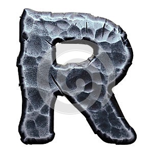 Capital letter R made of forged metal in the center of circle isolated on white background. 3d