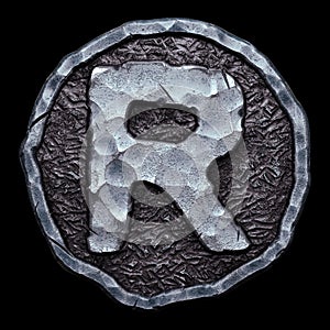 Capital letter R made of forged metal in the center of coin isolated on black background. 3d