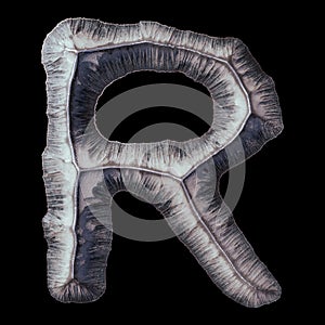 Capital letter R made of forged metal isolated on black background. 3d