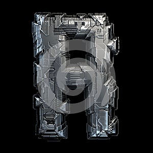 Capital letter R made of metal isolated on black background. 3d