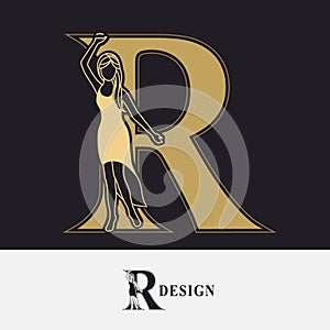 Capital letter R with Pretty Girl. Drawn Monogram for Logo Design, Invitations, Book, Restaurant, Services, Salons, Advertising,