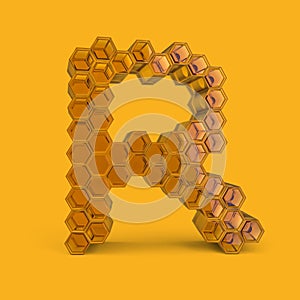 Capital letter R. Uppercase. Honey font on a yellow background. 3D