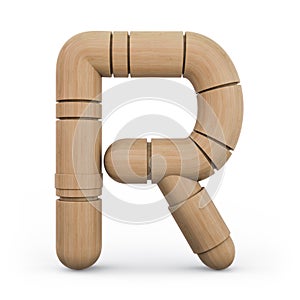 Capital letter R. Uppercase. Wooden futuristic font. Carved alphabet. 3d