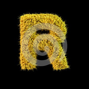 Capital letter R. Uppercase. Yellow fluffy font on black background. 3D