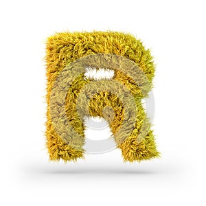 Capital letter R. Uppercase. Yellow fluffy and furry font. 3D