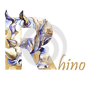 Capital letter R of watercolor rhinoceros with sand, isolated hand drawn on a white background. African animal. Wildlife