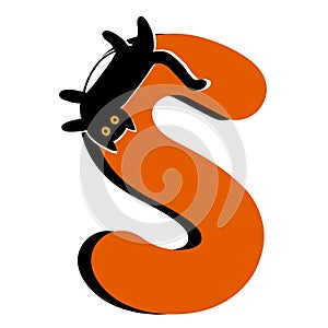 Capital Letter S,Orange Alphabet Clipart with Black Cat