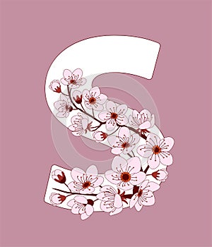 Capital letter S patterned with cherry blossom twig