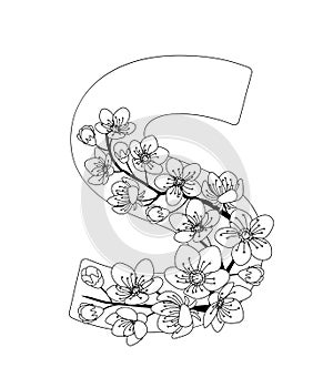 Capital letter S patterned with contour drawn sakura twig