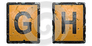 Capital letter set G, H made of public road sign orange and black color on white background. 3d