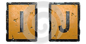 Capital letter set I, J made of public road sign orange and black color on white background. 3d