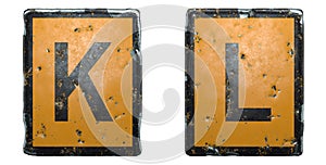 Capital letter set K, L made of public road sign orange and black color on white background. 3d