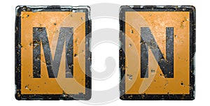 Capital letter set M, N made of public road sign orange and black color on white background. 3d