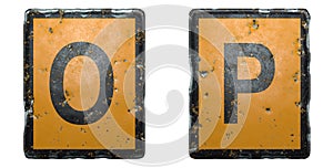 Capital letter set O, P made of public road sign orange and black color on white background. 3d