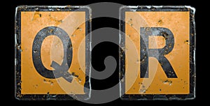 Capital letter set Q, R made of public road sign orange and black color on black background. 3d