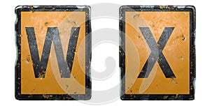 Capital letter set W, X made of public road sign orange and black color on white background. 3d