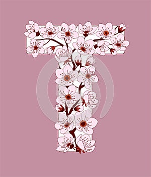 Capital letter T patterned with cherry blossom twig