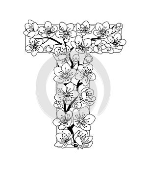 Capital letter T patterned with contour drawn sakura twig