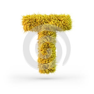 Capital letter T. Uppercase. Yellow fluffy and furry font. 3D