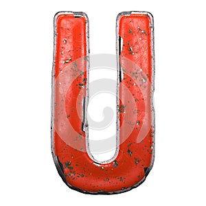 Capital letter U made of red paintad metal isolated on white background. 3d