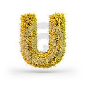 Capital letter U. Uppercase. Yellow fluffy and furry font. 3D