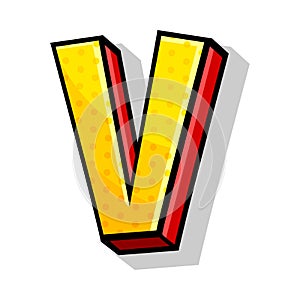 Isometric Bright Yellow And Red Capital Letter V Comic Style Vector Illustration