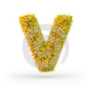 Capital letter V. Uppercase. Yellow fluffy and furry font. 3D