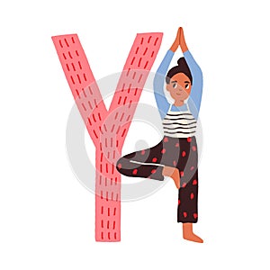 Capital letter Y of childish English alphabet with child practicing yoga. Funny kids font for children learning. Hand