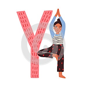 Capital letter Y of childish English alphabet with child practicing yoga. Funny kids font for children learning. Hand photo