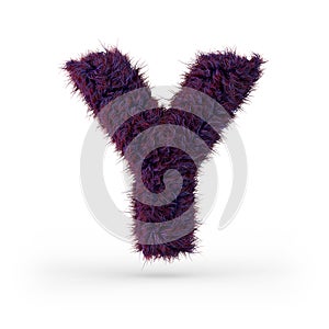 Capital letter Y. Uppercase. Purple fluffy and furry font. 3D