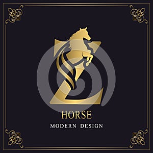 Capital Letter Z with a Horse. Royal Logo. King Stallion in Jump. Racehorse Head Profile. Gold Monogram on Black Background with