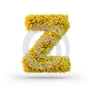 Capital letter Z. Uppercase. Yellow fluffy and furry font. 3D