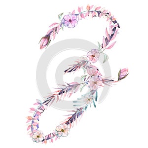 Capital letter Z of watercolor pink and purple flowers