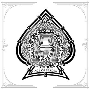 Capital lettern A in middle foral pattern inside ace of spades form. Vintage design playing card element
