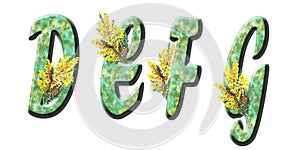 Capital letters of the Latin alphabet D, E, F, G. Spring holiday texture with greenery and watercolor mimosa.