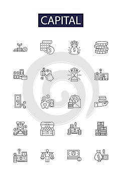 Capital line vector icons and signs. Wealth, Funds, Money, Investment, Assets, Resource, Stock, Reserve outline vector