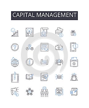 Capital management line icons collection. Budget control, Fiscal planning, Asset allocation, Mtary strategy, Fund