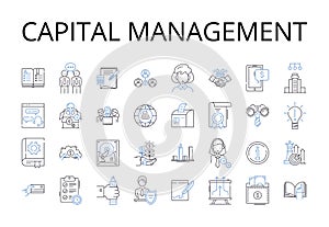 Capital management line icons collection. Budget control, Fiscal planning, Asset allocation, Mtary strategy, Fund