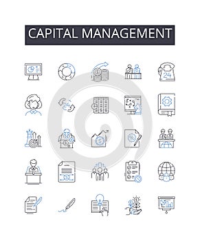 Capital management line icons collection. Intermittance, Transmission, Histrionics, Projection, Lexicon, Credibility photo