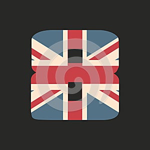 Capital number eight with UK flag texture isolated on black background. Vector illustration. Element for design. Kids alphabet