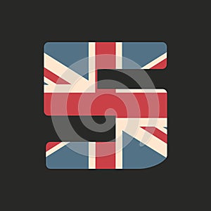 Capital number five with UK flag texture isolated on black background. Vector illustration. Element for design. Kids alphabet