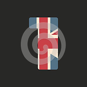 Capital number one with UK flag texture isolated on black background. Vector illustration. Element for design. Kids alphabet