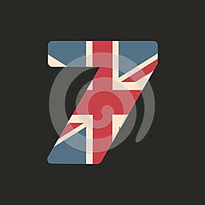 Capital number seven with UK flag texture isolated on black background. Vector illustration. Element for design. Kids alphabet