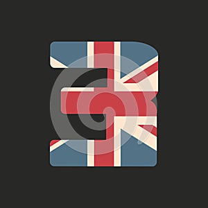 Capital number three with UK flag texture isolated on black background. Vector illustration. Element for design. Kids alphabet