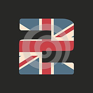 Capital number two with UK flag texture isolated on black background. Vector illustration. Element for design. Kids alphabet