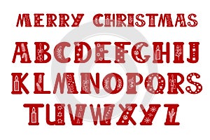 Capital red decorated hand drawn letters of English alphabet Christmas doodle style vector illustration