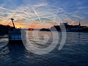 The capital of Slovakia, Bratislava - the sunset view to Danube river and old town